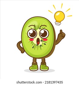 Cute Kiwi Fruit character with light bulb Idea on hand. Fruit character icon concept isolated.