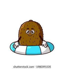 Cute Kiwi fruit character with swim ring float. Fruit summer icon concept isolated. flat cartoon style Premium Vector