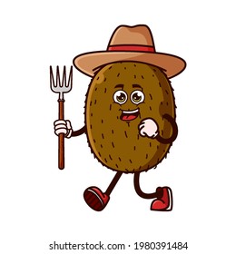 Cute Kiwi Fruit Farmer Character With Pitchfork. Fruit Character Icon Concept Isolated. Flat Cartoon Style Premium Vector