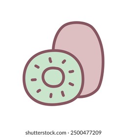 Cute kiwi fruit icon. Hand drawn illustration of a whole fruit and a slice isolated on a white background. Vector 10 EPS.