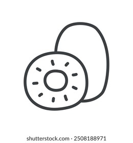 Cute kiwi fruit icon. Hand drawn monochrome illustration of of a whole kiwi fruit and a slice isolated on a white background. Vector 10 EPS.