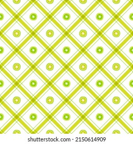 Cute Kiwi Half Fruit Element Gold Yellow Green Diagonal Stripe Striped Line Tilt Checkered Plaid Tartan Buffalo Scott Gingham Pattern Flat Cartoon Vector Seamless Pattern Print Background Food