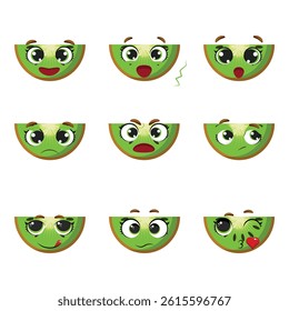 Cute kiwi halves with expressive emotions, ideal for emotion flashcards, classroom activities, preschool learning, healthy eating posters and kids educational resources