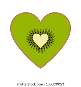 Cute kiwi heart isolated on white background. Half a kiwi fruit in flat cartoon style in bright colors. Vector illustration. Can be used for Valentines day.