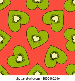 Cute kiwi hearts seamless pattern on a bright orange background. Can be used for Valentine's day wrapping paper, greeting card, textile print etc. Flat cartoon style. Vector illustration.