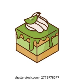 Cute kiwi layer cake illustration with green glaze drip, whipped cream and kiwi slice topping, drawn in a clean flat cartoon vector style. Perfect for bakery menus, dessert designs and food icons.