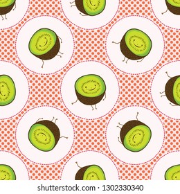 
Cute Kiwi Polka Dot Vector Illustration. Seamless Repeating Pattern. Hand Drawn Kawaii Dotty Red Kiwifruit Background. 1950's Style Retro Kitchen Decor, Kids Textiles, 5aday Fruit All Over Print.