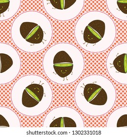 Cute Kiwi Polka Dot Vector Illustration. Seamless Repeating Pattern. Hand Drawn Kawaii Dotty Red Kiwifruit Background. 1950's Style Retro Kitchen Decor, Kids Textiles, 5aday Fruit All Over Print.