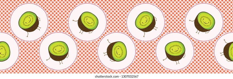  Cute Kiwi Polka Dot Vector Illustration. Seamless Repeating Pattern Border. Hand Drawn Kawaii Dotty Red Kiwifruit Background. 1950's Style Retro Kitchen Decor, Kids Textiles, 5aday Fruit Banner Trim.