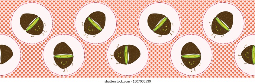 Cute Kiwi Polka Dot Vector Illustration. Seamless Repeating Pattern Border. Hand Drawn Kawaii Dotty Red Kiwifruit Background. 1950's Style Retro Kitchen Decor, Kids Textiles, 5aday Fruit Banner Trim.