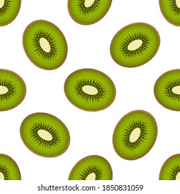Cute kiwi seamless pattern on a white background. Fluffy half kiwi fruits in bright colors. Vector illustration with half kiwi fruits. Cartoon style.