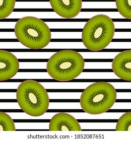 Patrón inquebrantable de kiwi en un fondo rayado. Frutos dorados de medio kiwi sobre un fondo blanco con rayas negras. Ilustración vectorial con media kiwi. Estilo de caricatura.