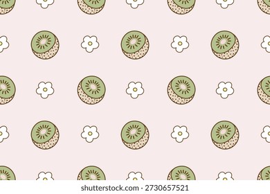Nettes Kiwi-Slice und Blume nahtloses Muster in Pastel-Stil