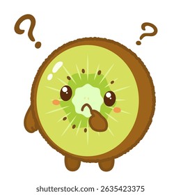 A cute kiwifruit character with a troubled expression. Great for use in SNS posts, educational materials, or advertisements.