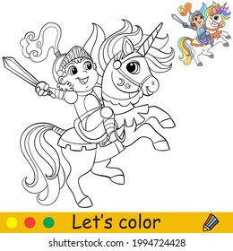 Cute knight in armor riding a unicorn. Coloring book page with colorful template for kids. Vector isolated illustration. For coloring book, print, game, education, party, design, decor