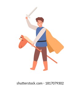 Cute knight boy in cloak holding sword on horse stick toy vector flat illustration. Child actor play warrior in theater performance. Joyful brave male kid in carnival costume isolated on white