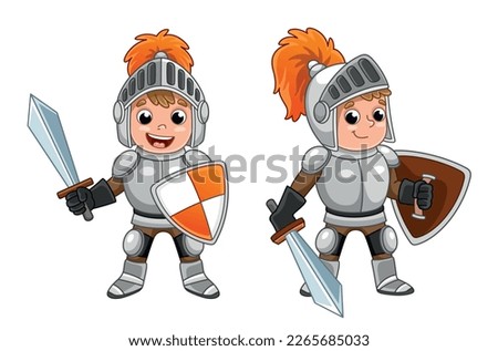 Cute knight boy set. Schoolchildren in metal armor, medieval sword and shield, helmet with tail. Ancient gladiator and warrior. Cartoon flat vector illustrations isolated on white background