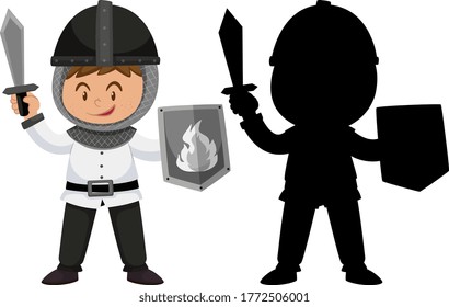 Cute Knight Cartoon Character With Its Silhouette Illustration