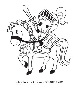 Cute Knight cartoon riding on the horse with sward,vector illustration on white background.coloring book pages.