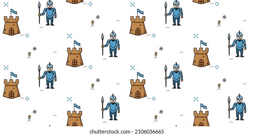 Cute knight and castle seamless pattern. Creative kids texture with funny animals for apparel, textile, fabric, wrapping, wallpaper. Vector