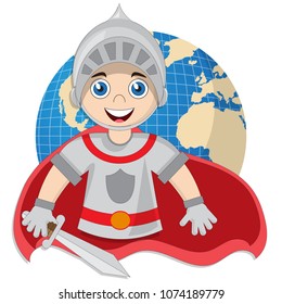 Cute knight on the background of the globe. Isolated on white background. Vector illustration.