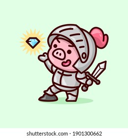 CUTE KNIGHT PIG WEARING GRAY ARMOUR AND BRING A SWORD AND A SPARKLING DIAMOND.