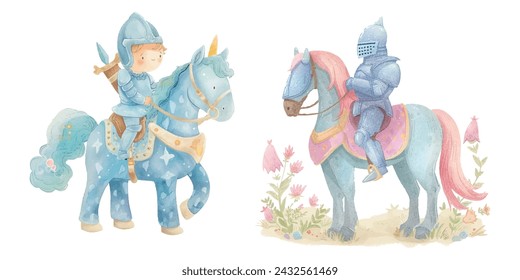 cute knight riding horse watercolour vector illustration 