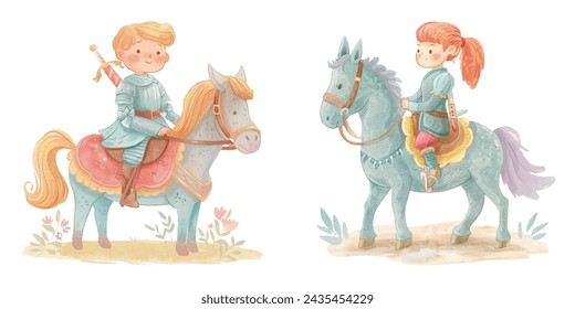 cute knight riding horse watercolour vector illustration 