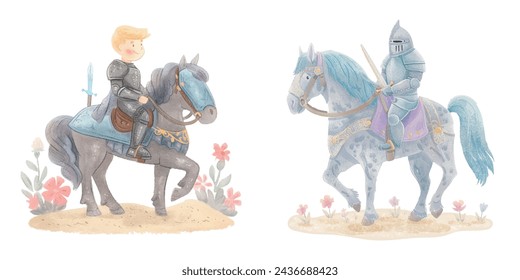 Nette Ritter Reiten Pferd Aquarell Vektor-Illustration