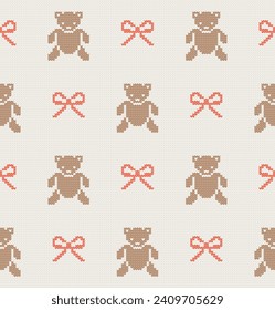 Cute knit bear and bow seamless pattern design. Vector illustration.