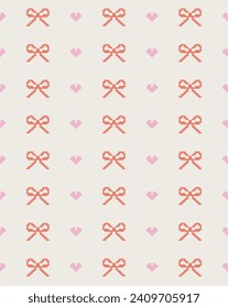 Cute knit bow and heart seamless pattern design. Vector illustration.