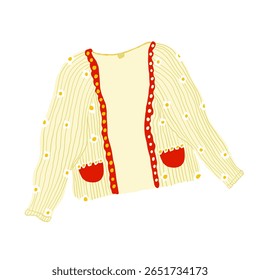 Cute knitted cardigan with buttons in soft yellow color with small stripes and white daisy, with pockets. Autumn and cozy warm cardigan. Vector hand-drawn flat cartoon illustration