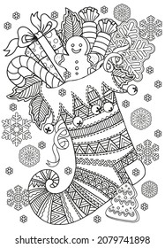 Cute knitted Christmas sock for gifts from Santa Claus. Vector mandala coloring page for adults. Page for coloring book and Christmas design