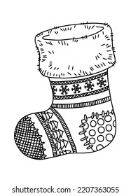 Cute knitted Christmas sock for gifts from Santa Claus. Vector mandala coloring page for adults. Page for coloring book and Christmas design