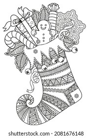 Cute knitted Christmas sock with sweet gifts from Santa Claus. Vector mandala coloring page for adults. Page for coloring book and Christmas design