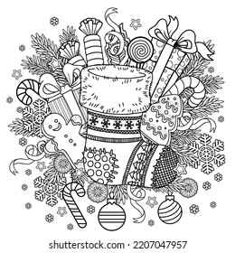 Cute knitted Christmas sock with sweet gifts from Santa Claus. Vector mandala coloring page for adults. Page for coloring book and Christmas design