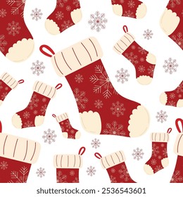 Cute knitted Christmas stockings pattern decorated with snowflakes on white background. Vector illustration in children's Christmas gifts surprise concept. For holiday patterns, prints, gift paper.