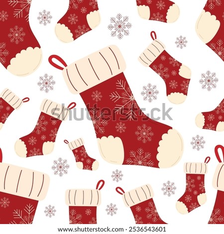 Cute knitted Christmas stockings pattern decorated with snowflakes on white background. Vector illustration in children's Christmas gifts surprise concept. For holiday patterns, prints, gift paper.