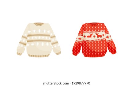 Cute Knitted Christmas Sweaters as Traditional Holiday Clothing Vector Set