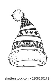 Cute knitted clothes, Hat with pompom. Vector mandala coloring page for adults. Vector coloring page for coloring book