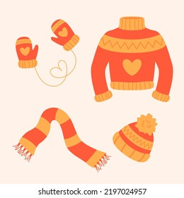 Cute knitted clothes. Warm sweater, scarf, hat and gloves with heart. Christmas mood. Vector illustration