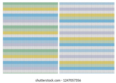 Cute Knitted Fabric Style Stripes Vector Patterns. Pink, Blue, Yellow and White Simple Design. Colorful Lines Simple Design. Striped Repeatable Sweater Like Motif.