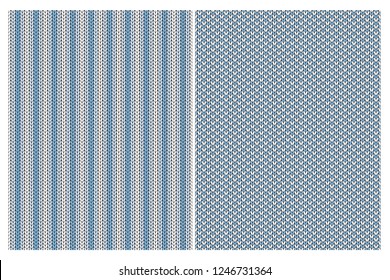 Cute Knitted Fabric Style Vector Patterns. Blue and Off-White Simple Design. Blue Stripes on a Bright Background. Striped and Melange Repeatble Sweater Like Motif. 