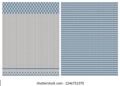 Cute Knitted Fabric Style Vector Patterns. Blue and Off-White Simple Design. Blue Stripes on a Bright Background. Striped and Plain Repeatble Sweater Like Motif. Blue Border on a Off-White Background.
