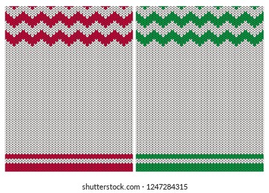 Cute Knitted Fabric Style Vector Patterns. Red, Green and Off-White Simple Design. Bright Background. Striped and Plain Repeatable Sweater Like Motif with Red and Green Chevron Border. 