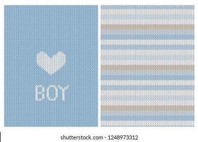 Cute Knitted Fabric Style Vector Card and Striped Pattern. Blue, Beige and White Simple Design. White Heart on a Blue Background and Boy Text Below. Pastel Colors Sweater Like Motif. Baby Shower Card.