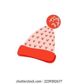 Cute knitted hat with pompom. Doodle style vector illustration of winter headdress.
