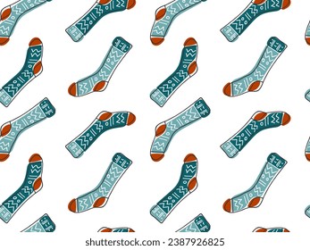 Cute knitted long socks seamless pattern. Doodle line drawn warm winter clothing element background. Pair of different green socks