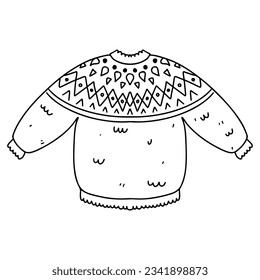 Cute knitted lopapeysa sweater. Hand drawn doodle style. Vector illustration isolated on white. Coloring page.