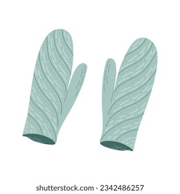 Cute knitted mitten with  jacquard ornament. Warm woolen Winter clothes. Concept of hygge lifestyle. Hand drawn flat style vector illustration.

